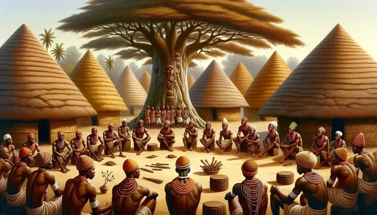 Traditional Igbo village scene with men in loincloths seated in a semi-circle, thatched huts behind, and a large iroko tree, under a clear blue sky.