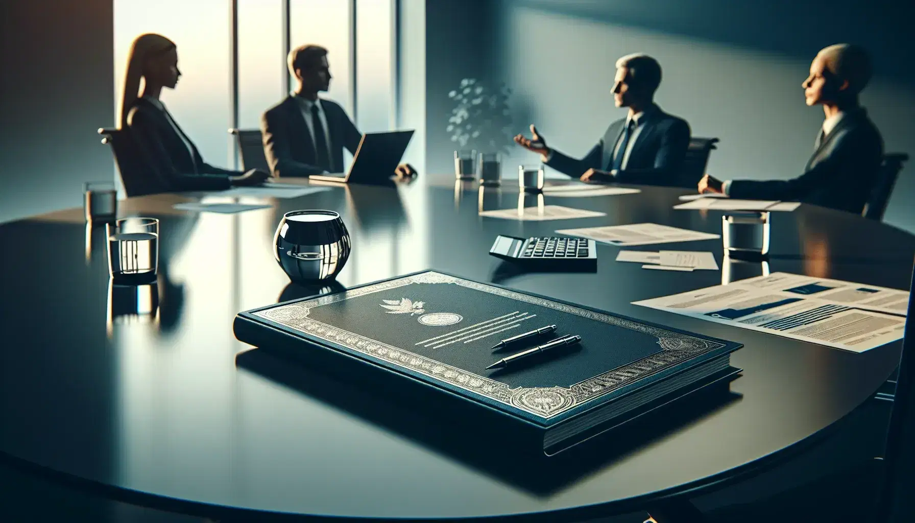 Round table in a corporate meeting room with a laptop, bond certificates, a calculator, and a glass of water, with two professionals engaged in discussion.