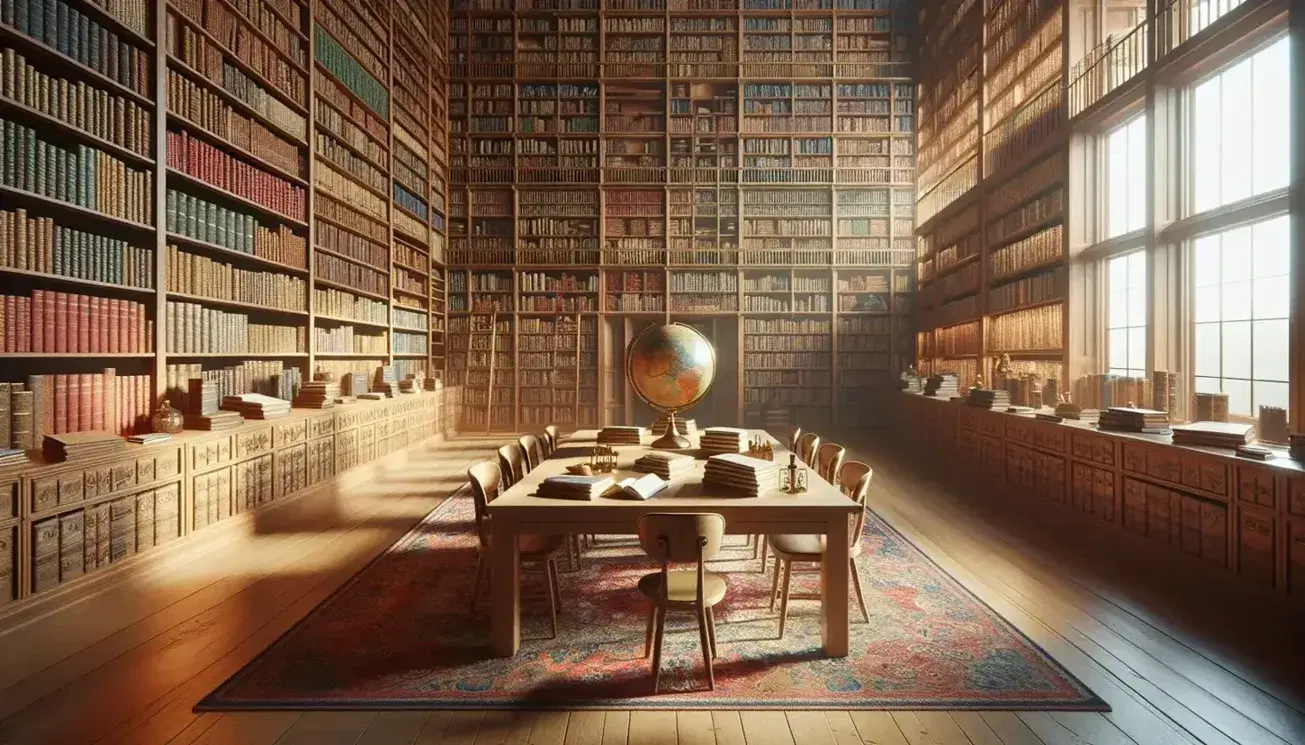 Biblioteca espaciosa con estanterías de madera llenas de libros coloridos, mesa central con libros abiertos, globo terráqueo antiguo y lupa, bajo luz natural.