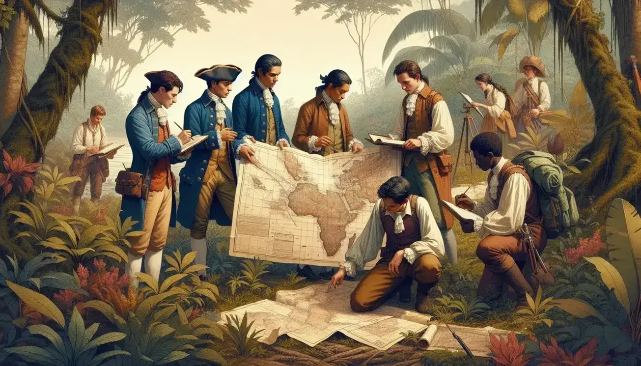Grupo de cinco personas en atuendos coloniales analizando mapas y estudiando la flora en un entorno natural con vegetación densa y cielo parcialmente nublado.