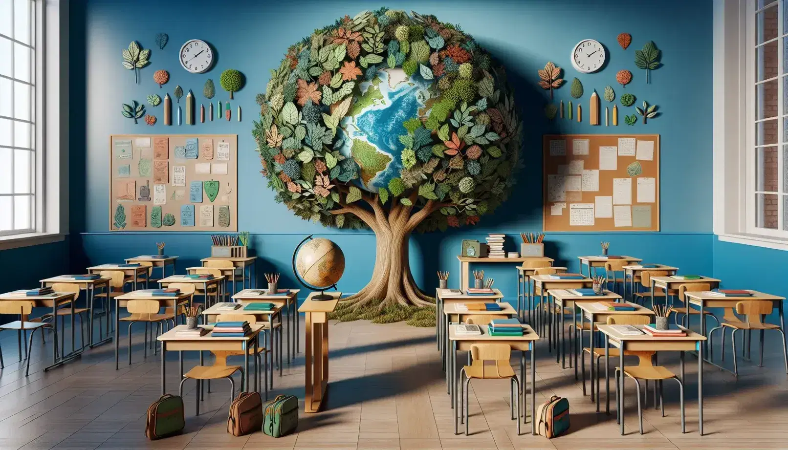 Aula scolastica colorata con albero decorativo, banchi ordinati con libri e astucci, globo terrestre e microscopio su scrivania.