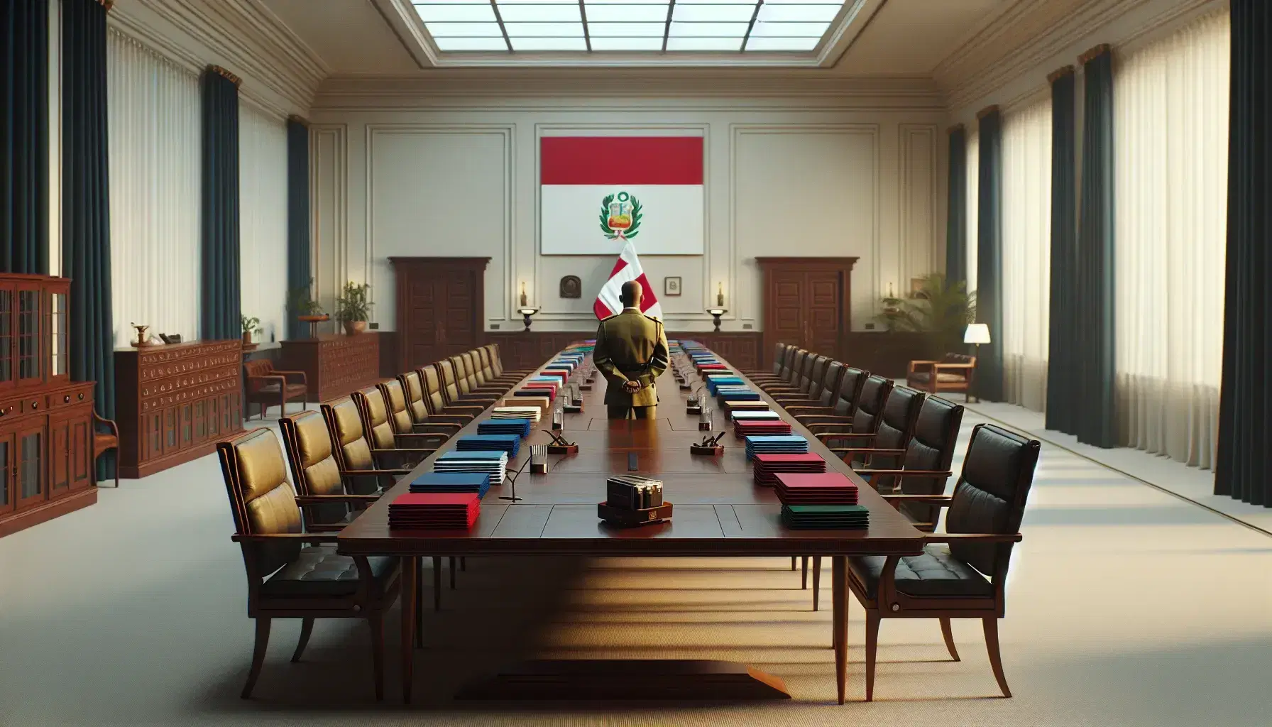 Sala amplia e iluminada con mesa de madera oscura, sillas con cojines azules y documentos coloridos, bandera peruana al fondo y persona en uniforme verde.