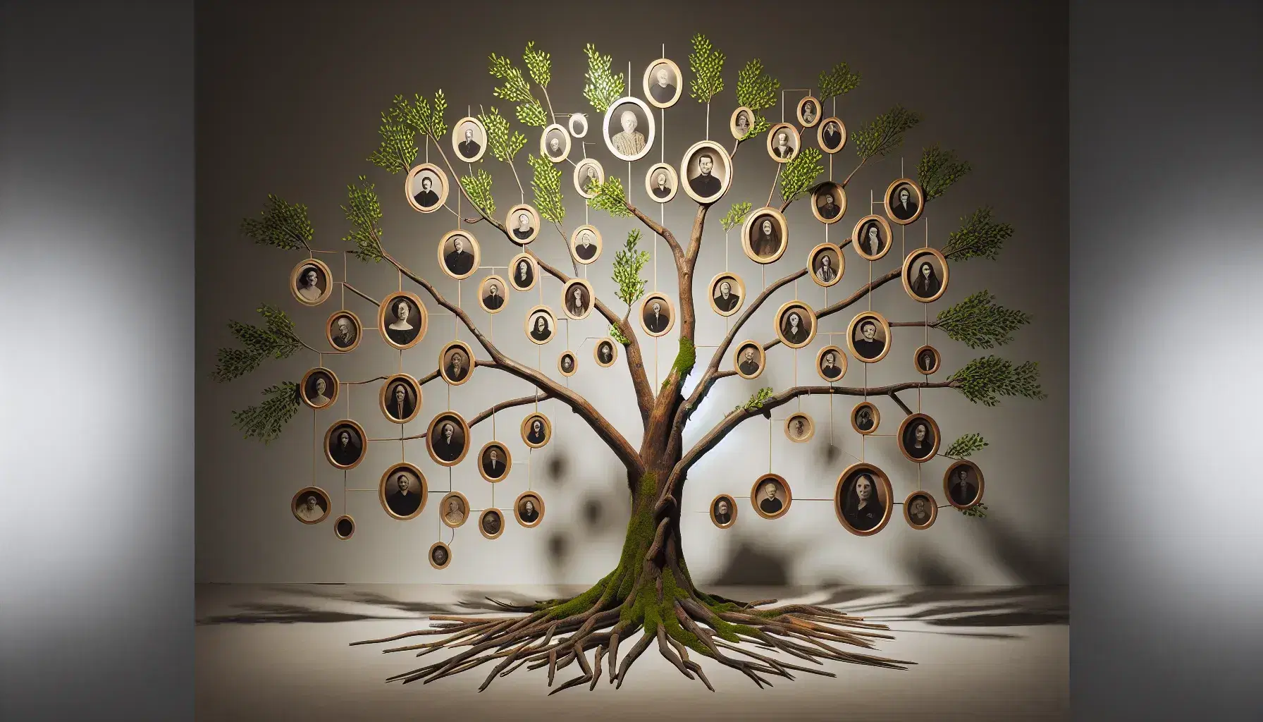 Albero genealogico tridimensionale con rami veri e foglie, fotografie in bianco e nero incorniciate rappresentanti i membri della famiglia.