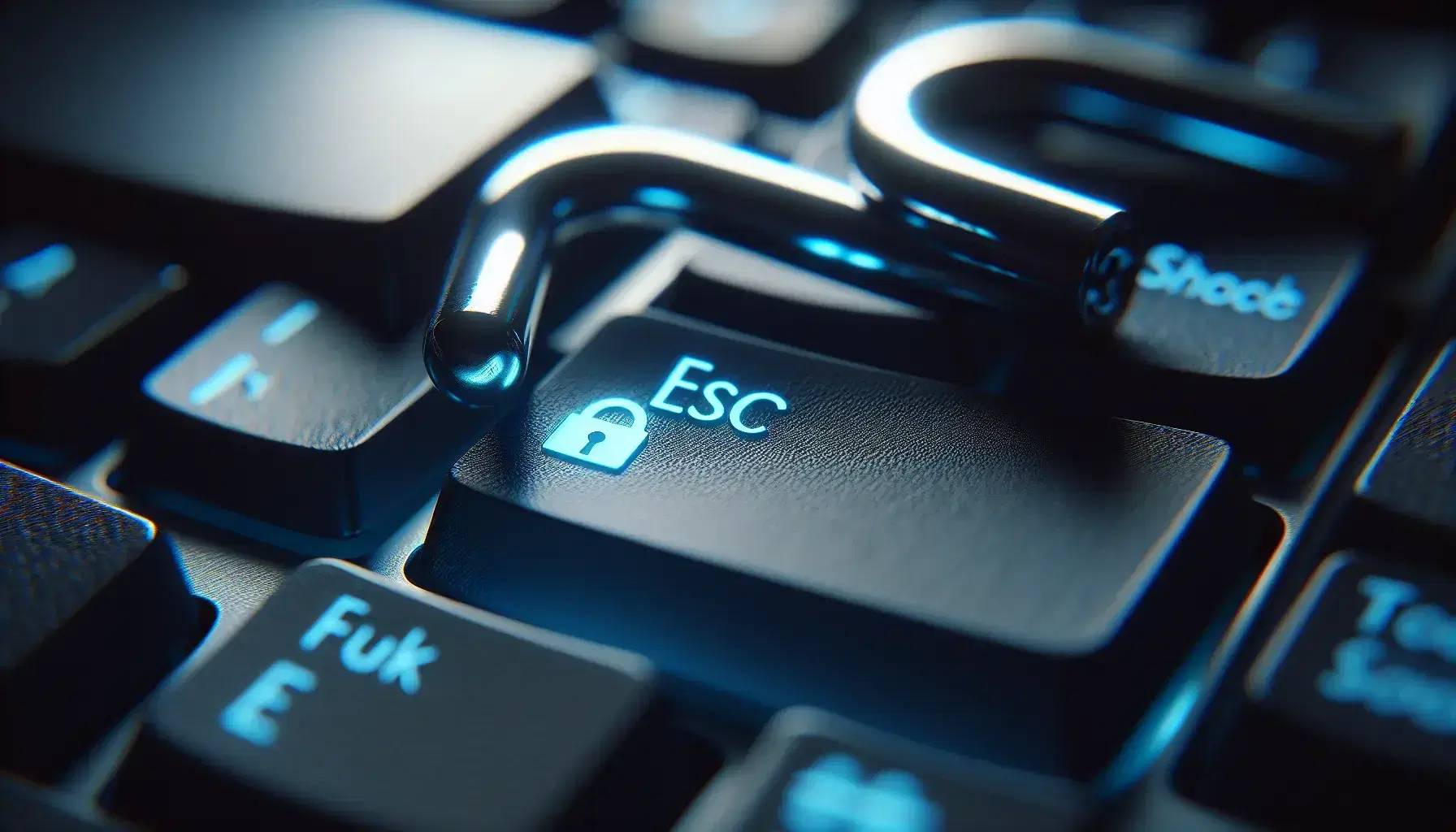Close-up of a computer keyboard with ESC key illuminated in blue and blurred metallic padlock in the background, symbolizing digital security.