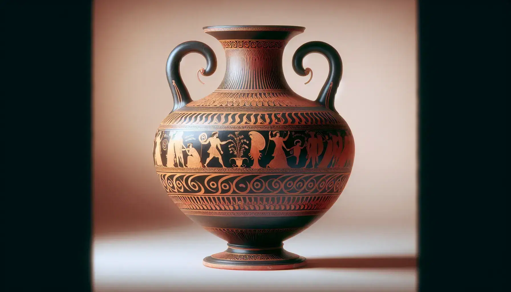 Anfora greca antica con pittura a figure nere raffigurante scene mitologiche e motivi geometrici su sfondo neutro.