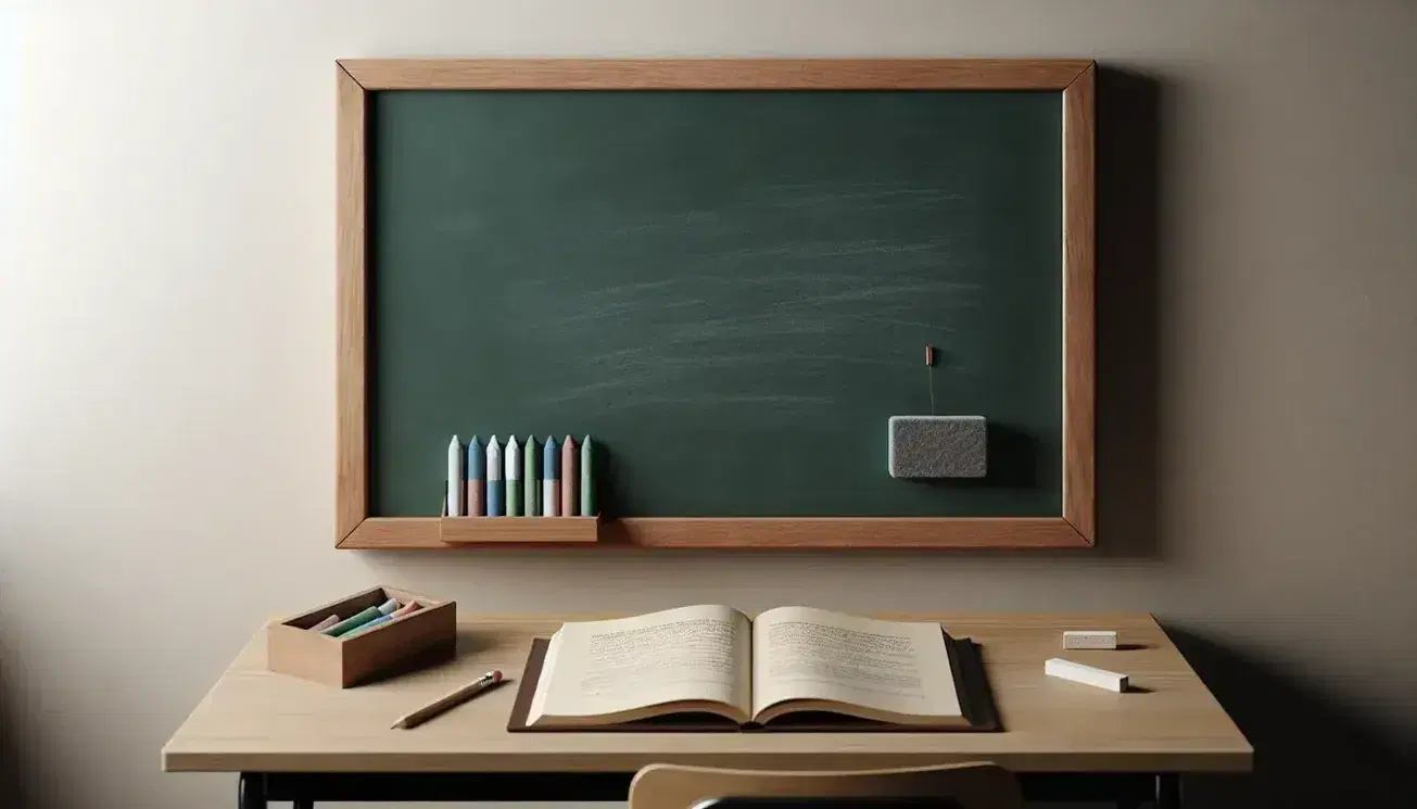 Pizarra escolar verde con marco de madera y tizas de colores, borrador gris y mesa con libro abierto y lápiz en aula iluminada.