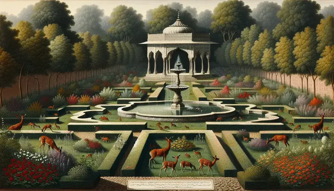 Mughal-era garden with marble fountain, vibrant flower beds, grazing deer, and a backdrop of a grand palace with domes and arches under a clear sky.