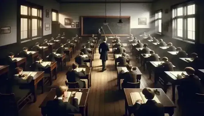 Scena di classe d'epoca con studenti in uniforme che scrivono a banchi di legno, insegnante con libro e bastone, aula illuminata da grandi finestre.