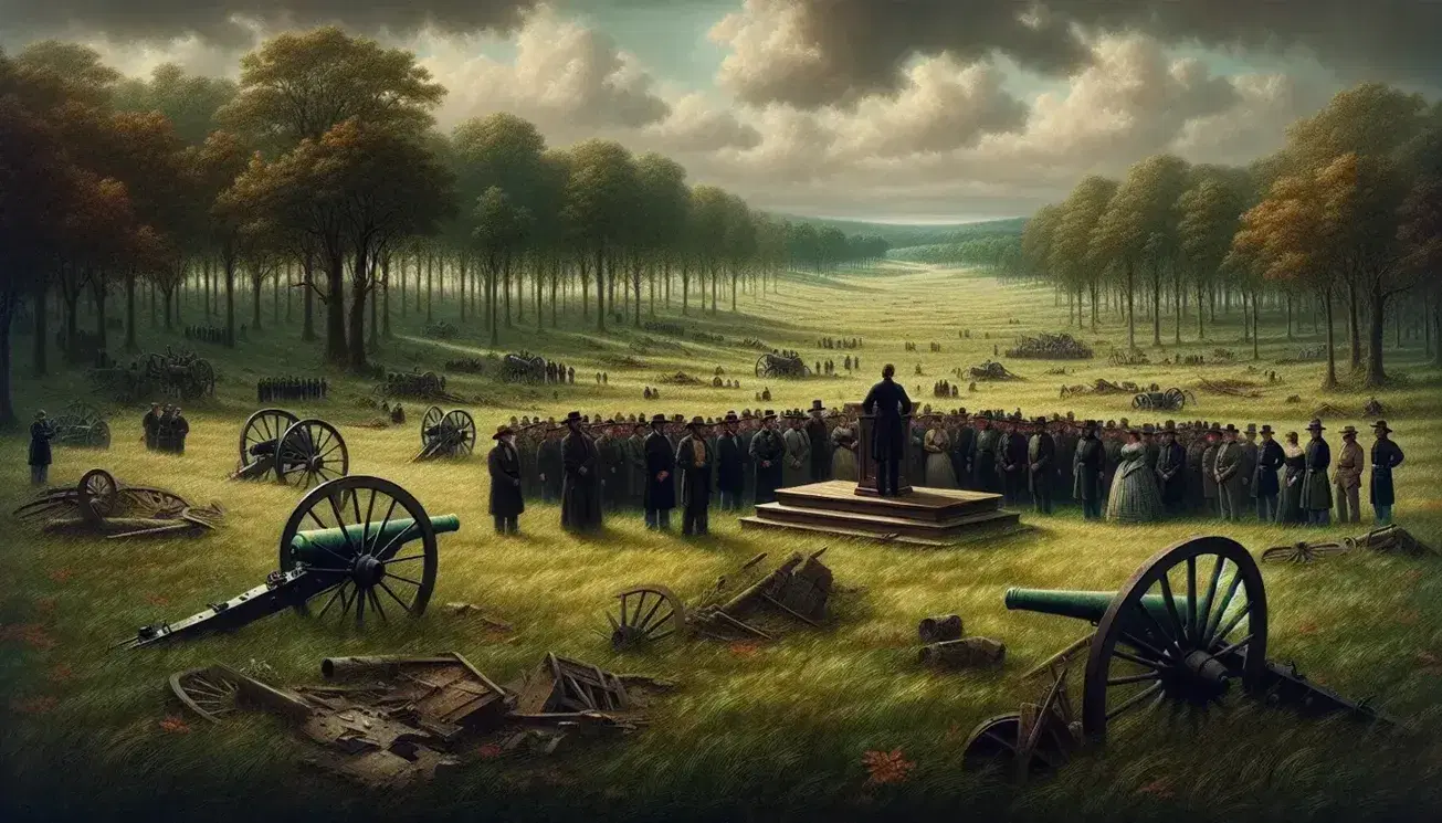 Post-battle Civil War scene with rusty cannons, wagon wheels, and people in period clothing gathered around a podium in a field.