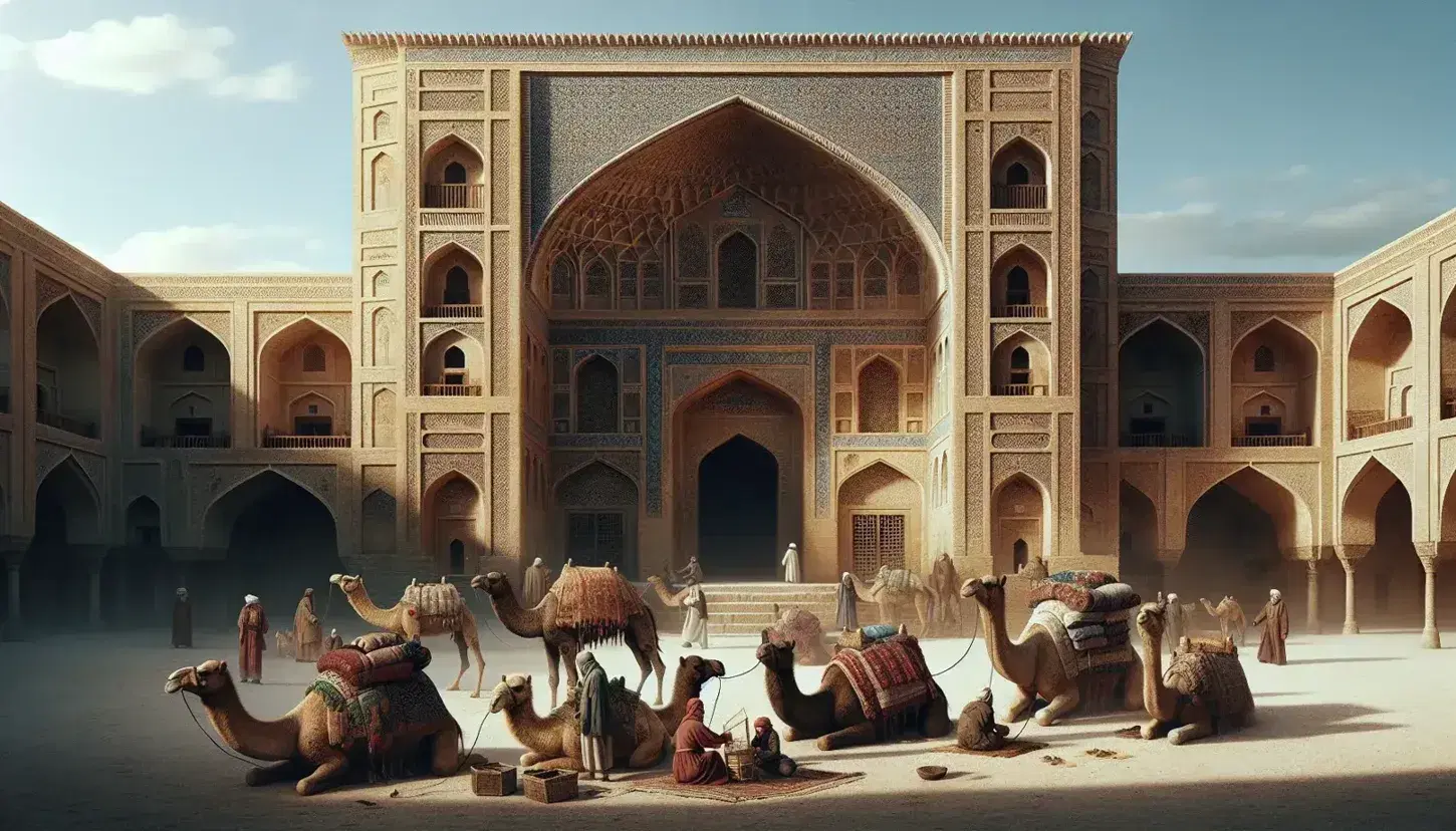Historical caravanserai with grand arched entrance, intricate Islamic carvings, merchants tending to camels, and vibrant textiles under a clear blue sky.
