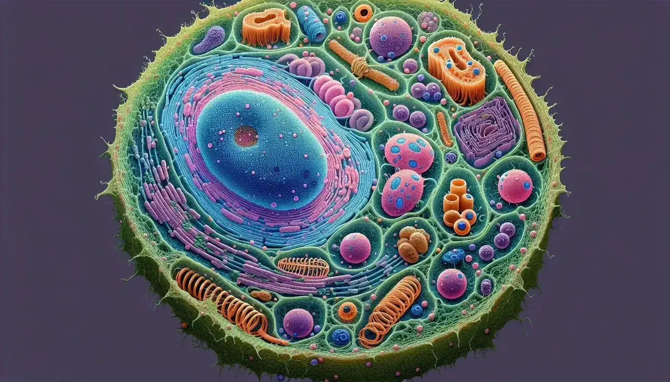 Célula eucariota multicolor al microscopio con núcleo azul, citoplasma verde, mitocondrias rosas, aparato de Golgi amarillo y membrana rojiza.