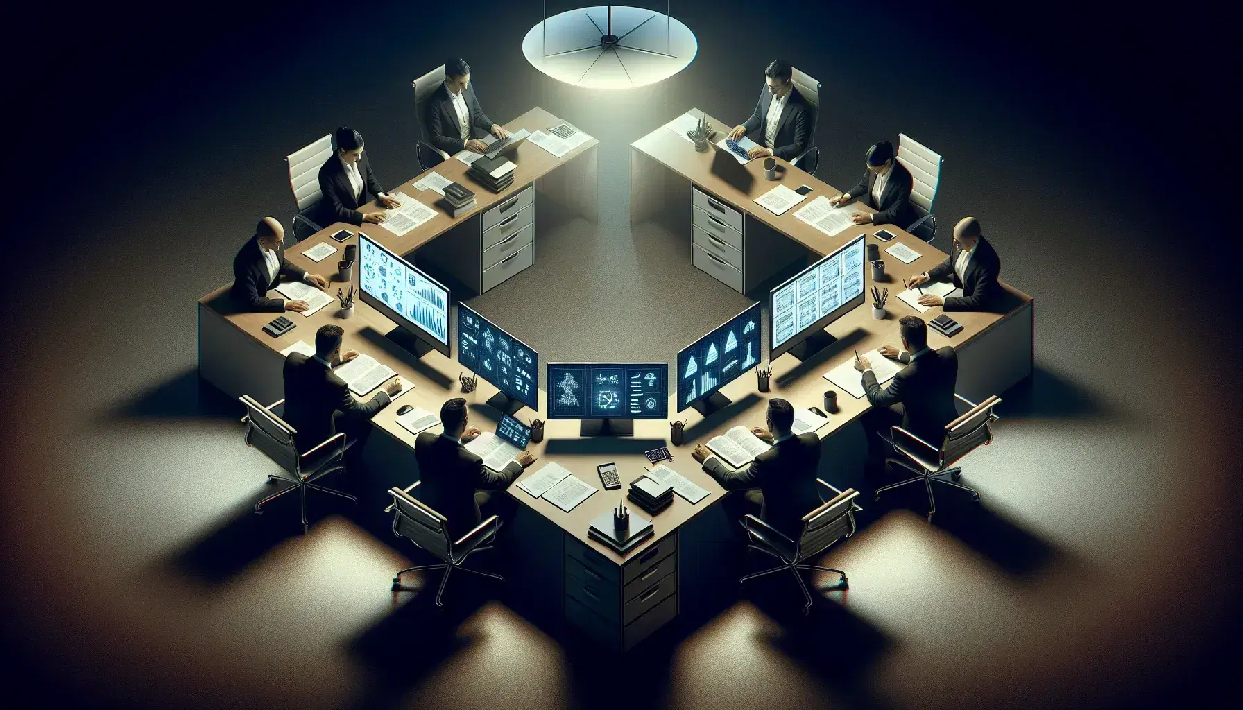 Three professionals in formal attire work at desks arranged in a triangle, with computers and office supplies, under soft lighting with a cityscape background.