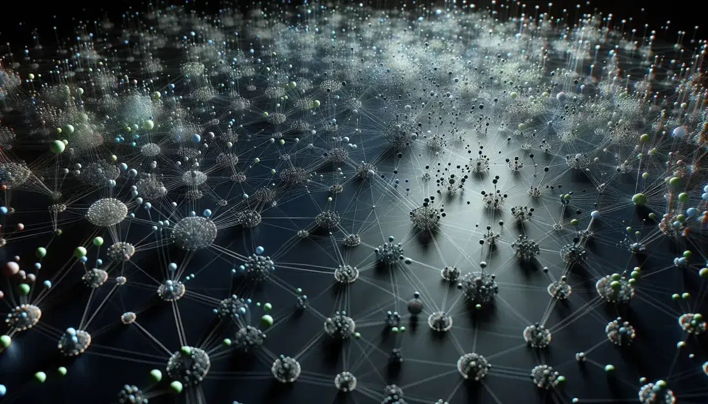 Complex network of interconnected nodes with bright spheres in shades of blue and green and silver lines on a dark background, higher density in the center.