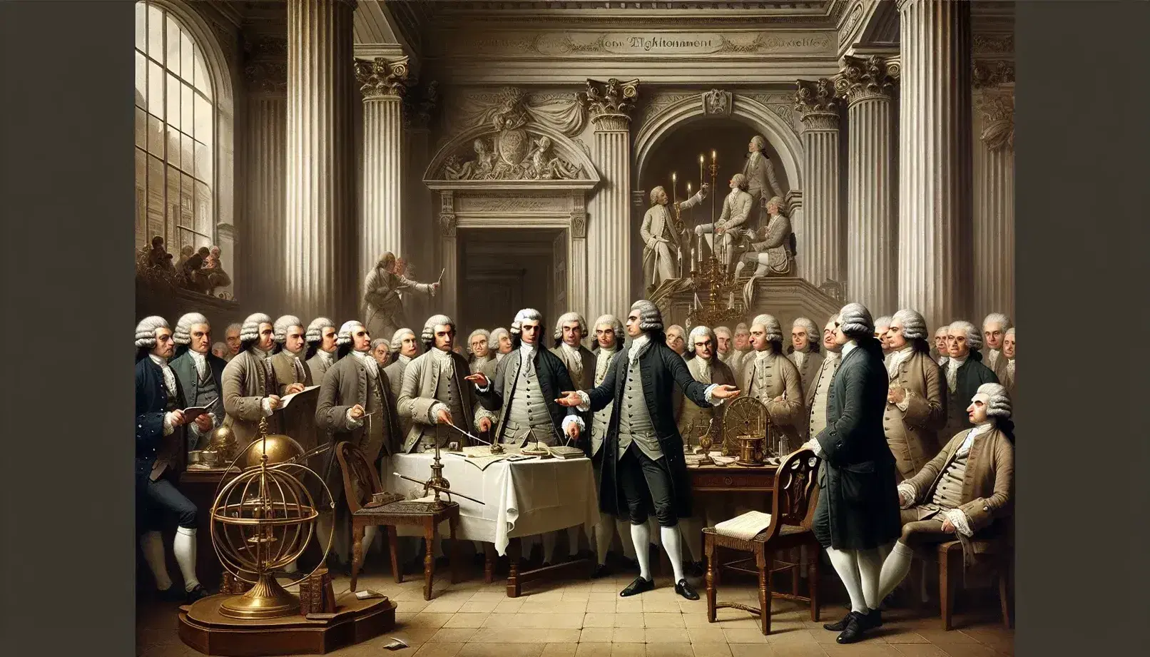 Gathering of men in 18th century clothing discuss Enlightenment ideas in a classical room with scientific instruments and Masonic symbols.