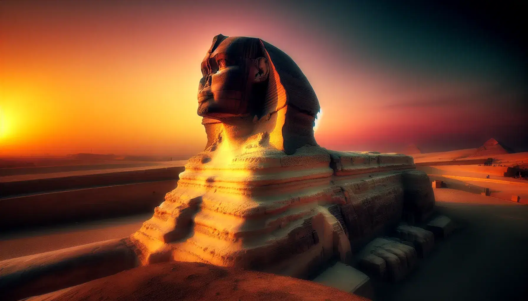 Sfinge di Giza al tramonto con cielo arancione e rosa, dettagli scultorei evidenziati dalla luce, senza persone o oggetti moderni.