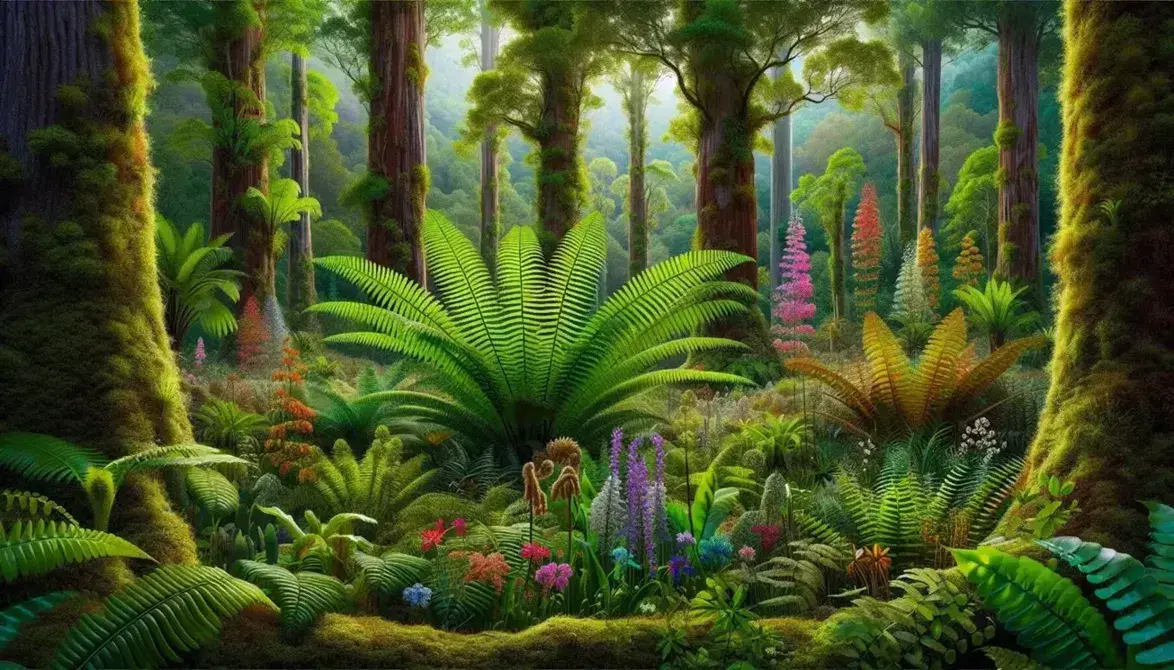 Bosque vibrante con helechos verdes, plantas con flores de colores vivos y árboles de troncos marrones y copas frondosas bajo la luz del sol filtrada.