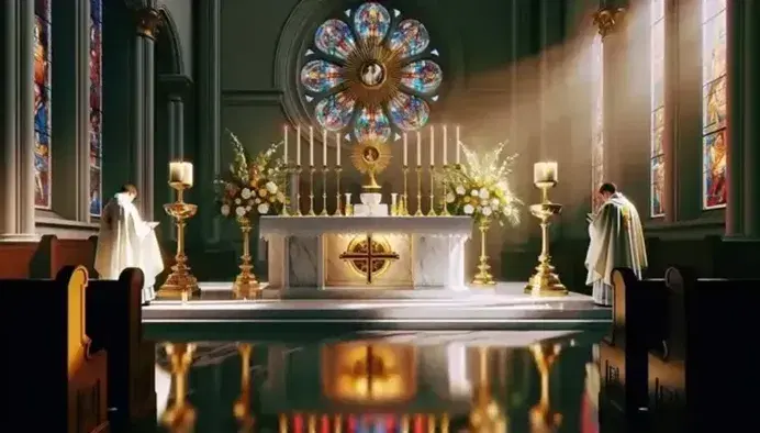 Altare di chiesa cattolica con calice dorato e ostensorio durante celebrazione eucaristica, sacerdote in preghiera, candelabro acceso e fiori.