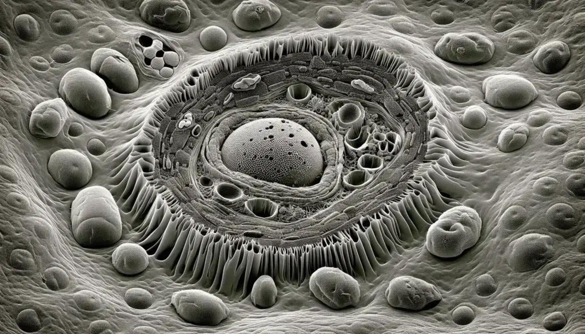 Micrografía electrónica de alta resolución de una célula vegetal mostrando un gran vacuola, mitocondrias, cloroplastos y la pared celular.