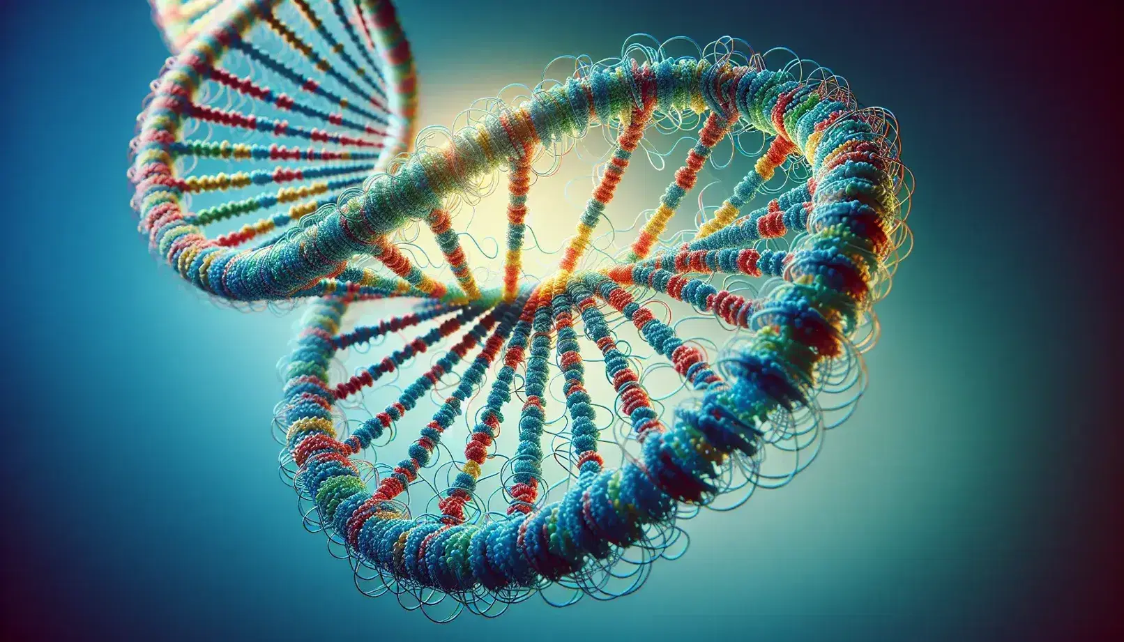 Estructura detallada de una doble hélice de ADN en 3D con pares de bases en tonos de azul, rojo, verde y amarillo sobre fondo degradado azul.