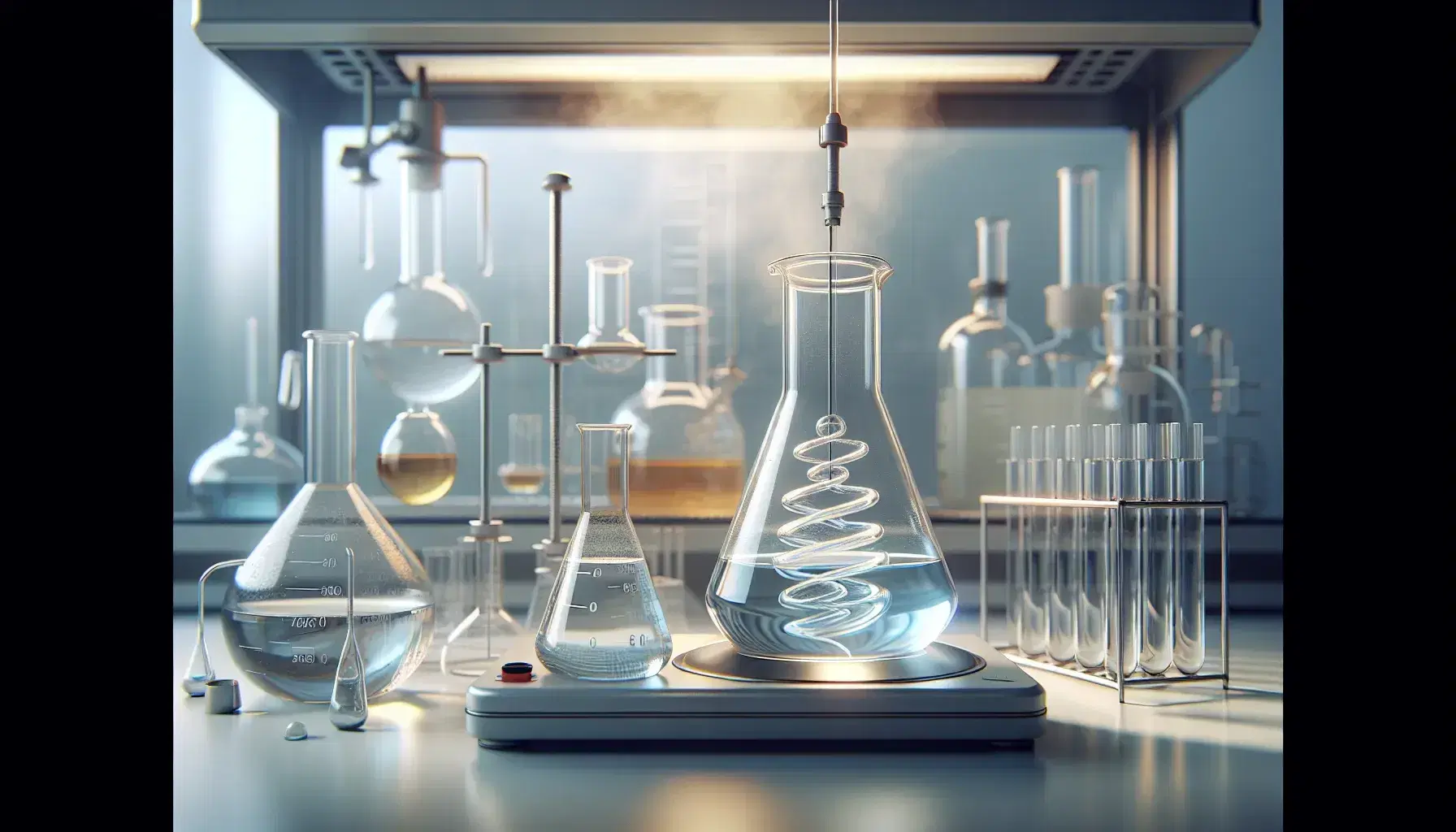 Chemical laboratory with flask on magnetic stirrer, test tubes with colored liquids, graduated cylinder and laminar flow hood.