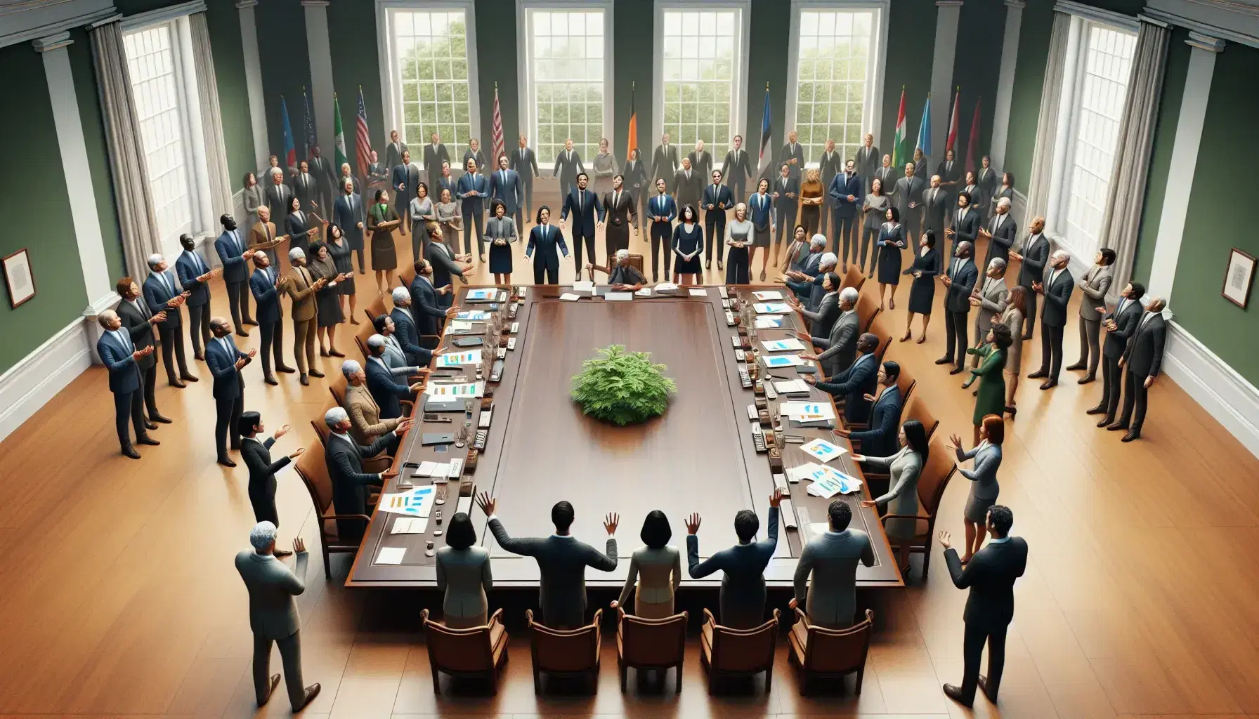 Grupo diverso de profesionales en reunión, discutiendo gráficos y documentos en una sala iluminada, sin dispositivos electrónicos y con una bandera unicolor.