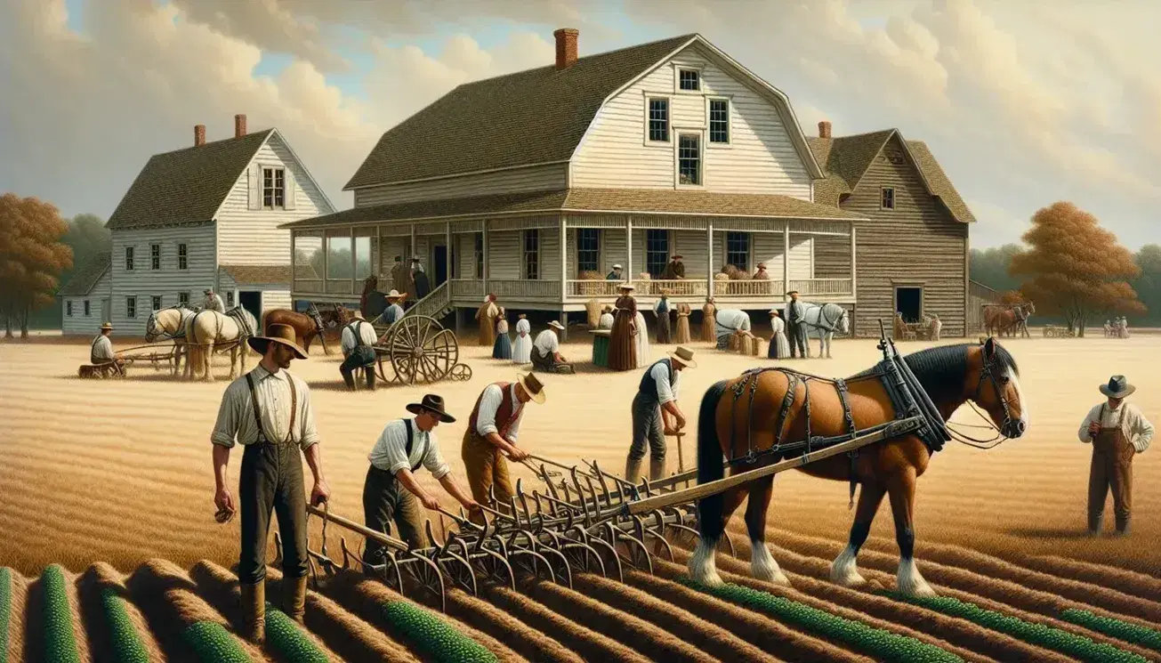 Late 19th-century American farm scene with a farmer plowing a field using a horse-drawn plow, people examining crops, a classic farmhouse, and a windmill.