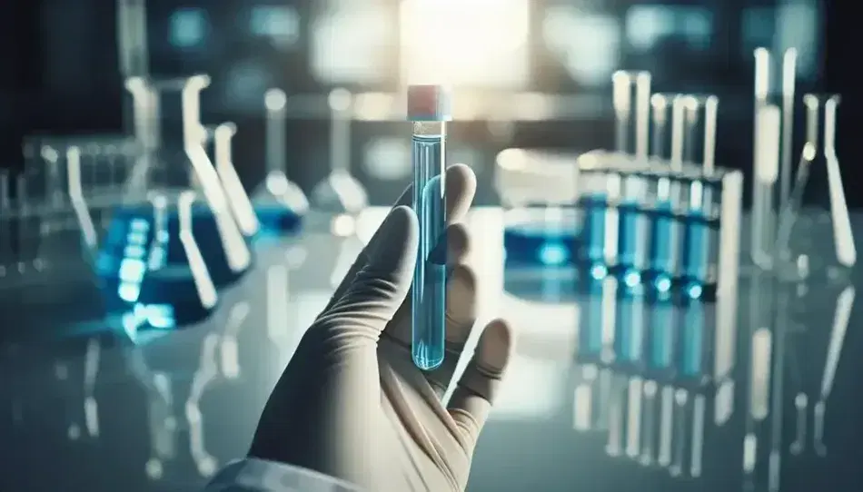 Mano guantata di ricercatore tiene provetta trasparente con liquido blu in laboratorio, sfondo neutro con attrezzature sfocate.