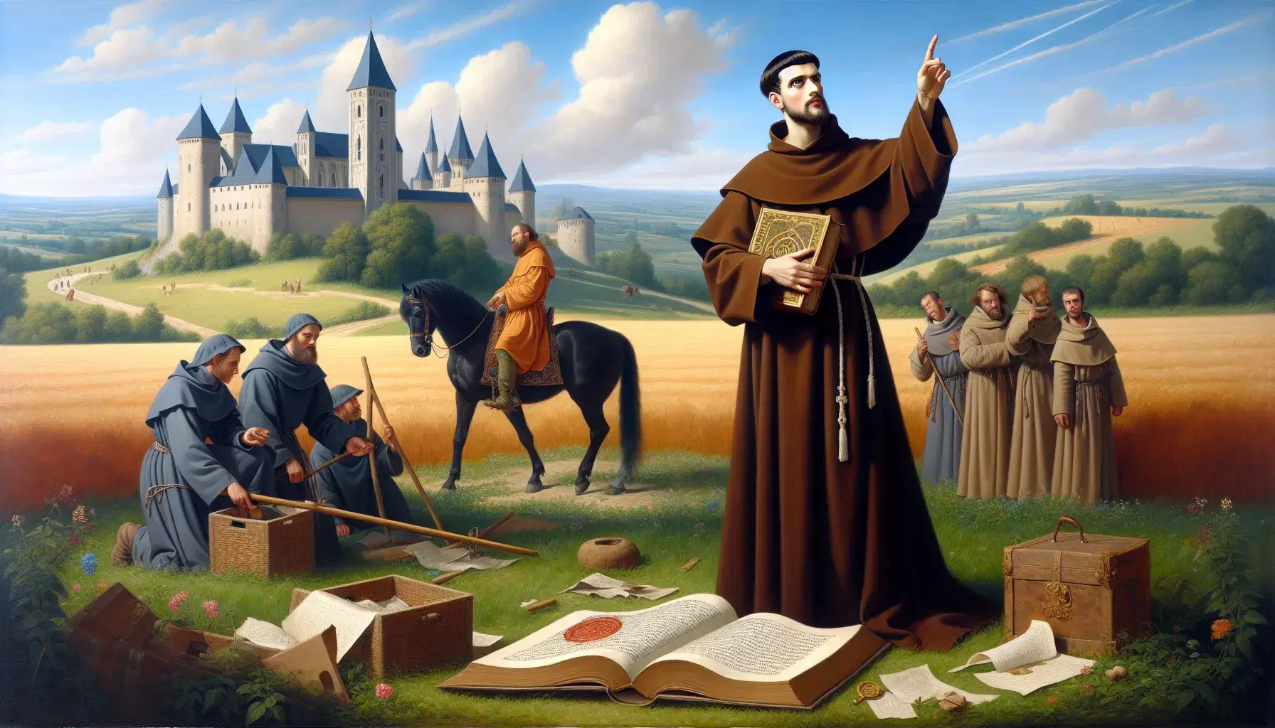 Dipinto olio su tela di figura religiosa del XVI secolo con libro aperto e dito puntato al cielo, contadini e castello medievale sullo sfondo.