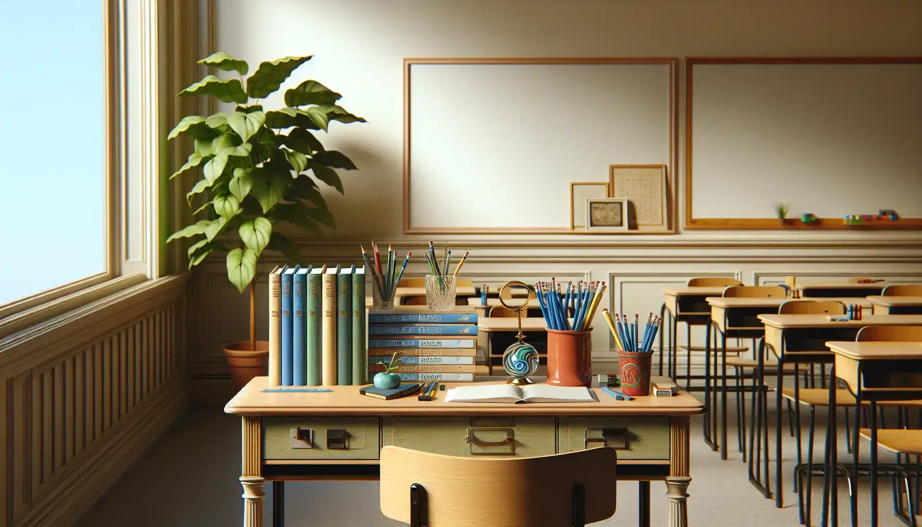 Classroom with teacher's desk holding textbooks, pens in a mug, paperweight, and potted plant, empty student desks in rows, and a sunlit window.