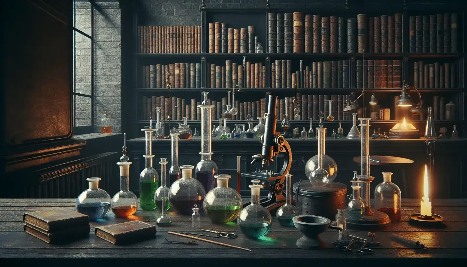 Laboratorio vittoriano con tavolo in legno, strumenti scientifici, bottiglie di liquidi colorati, libreria con volumi antichi e figura maschile.