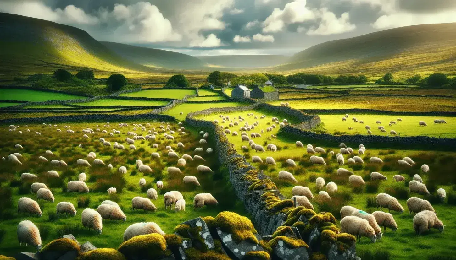Paesaggio rurale irlandese con campo verde, muretti a secco muschiosi, pecore al pascolo, colline in lontananza e fiori selvatici in primo piano.