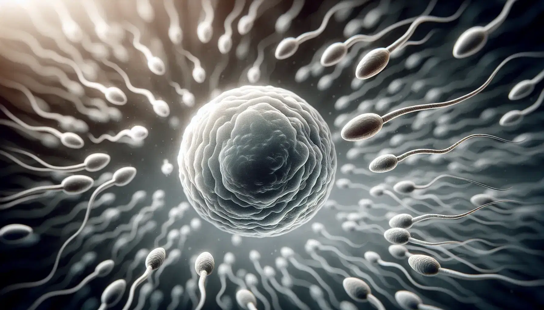 Ovulo mammifero centrale circondato da spermatozoi con teste scure e code sinuose in ambiente microscopico sfocato.