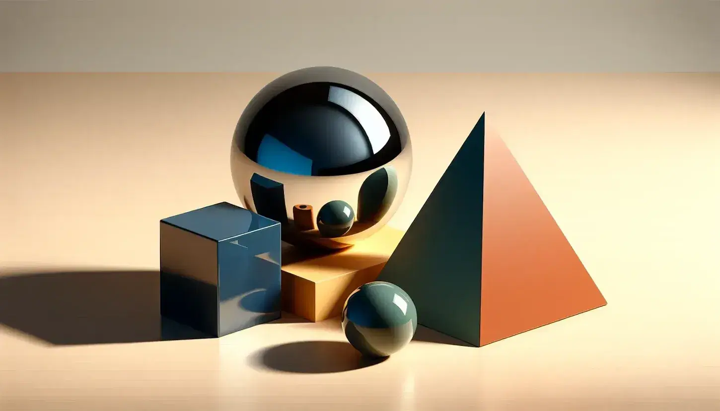 Sfera lucida riflettente, cubo blu scuro, cono rosso mattone, piramide giallo ocra e cilindro verde salvia su superficie in legno chiaro con ombre nette.