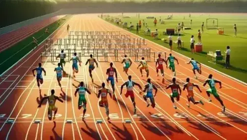 Pista de atletismo al aire libre con atletas compitiendo en sprint y equipos de relevos preparándose, bajo un cielo azul con nubes dispersas.