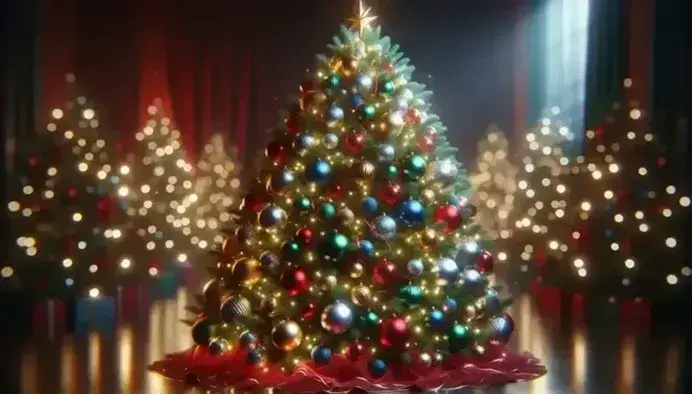 Árbol de Navidad mediano adornado con esferas de colores, cintas rojas y doradas, luces cálidas y una estrella dorada en la cima, sobre falda roja.