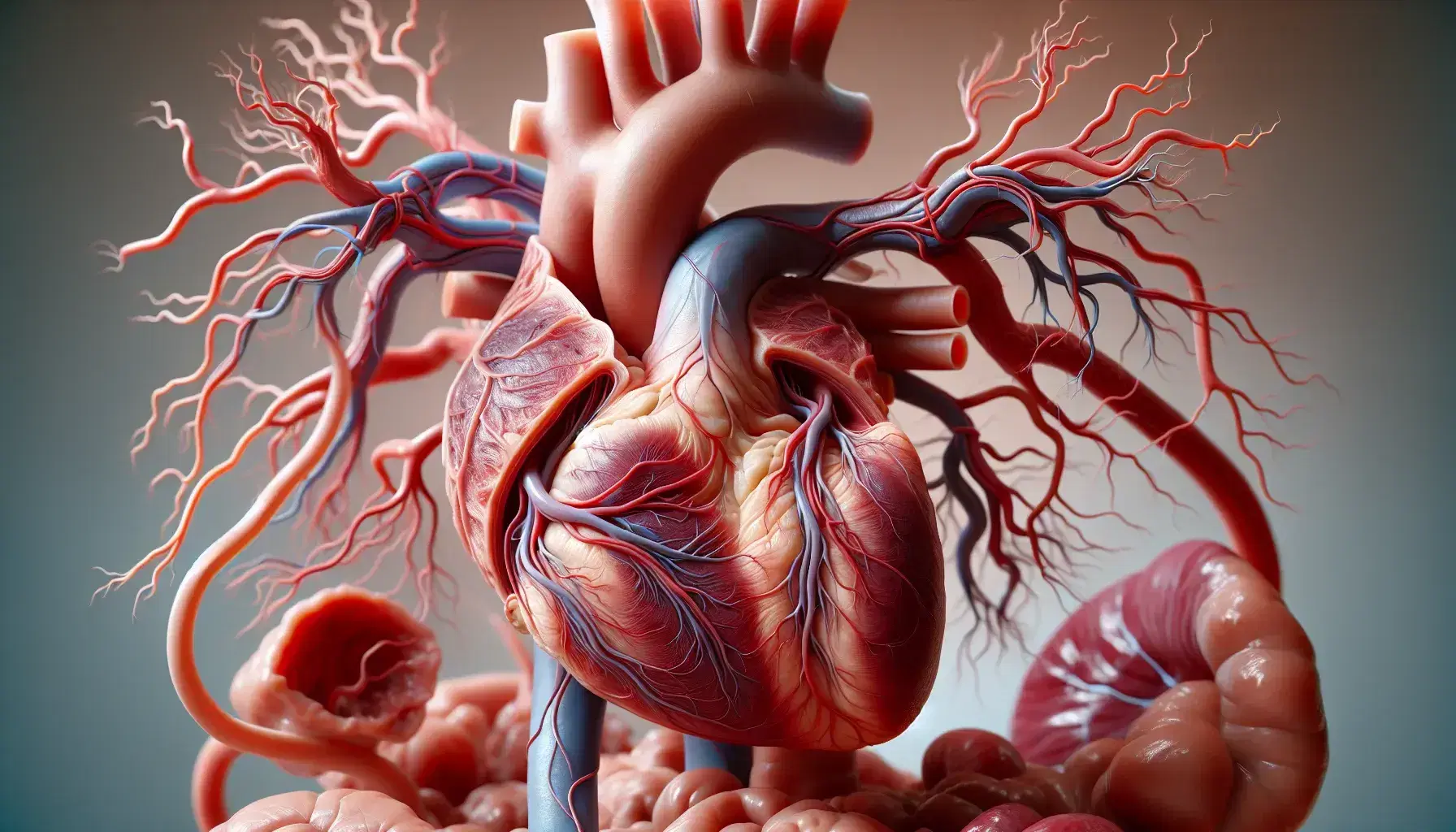 Modelo anatómico detallado de corazón fetal humano y principales vasos sanguíneos con aorta y vena cava visibles, rodeado de estructuras vasculares translúcidas y parcial torso fetal.