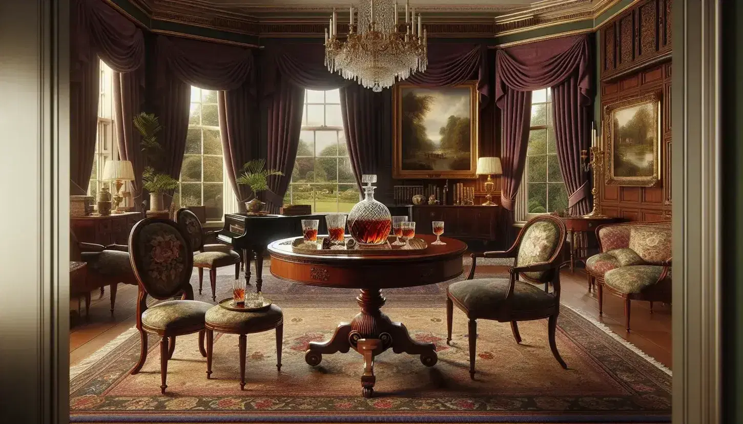 Edwardian-era drawing room with mahogany table, floral upholstered chairs, brandy decanter, heavy maroon drapes, framed oil paintings, and a grand piano.