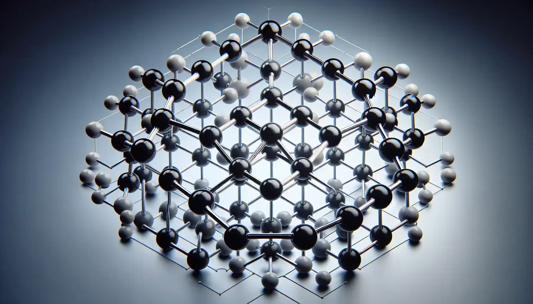 Three-dimensional molecular model with a hexagonal ring of black spheres joined by silver rods and white spheres linked alternately.