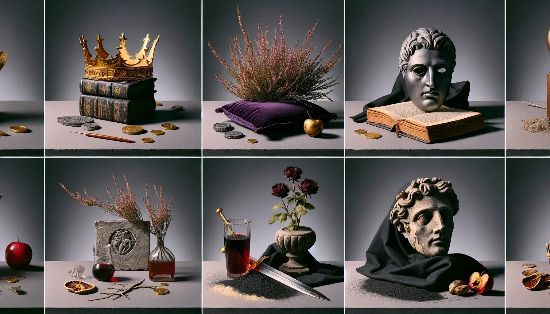 Artistic compositions inspired by Shakespeare: crown on cushion for "King Lear", coin and mask for "Timon of Athens", dagger and belladonna for "Macbeth", chalice and rose for "Antony and Cleopatra".