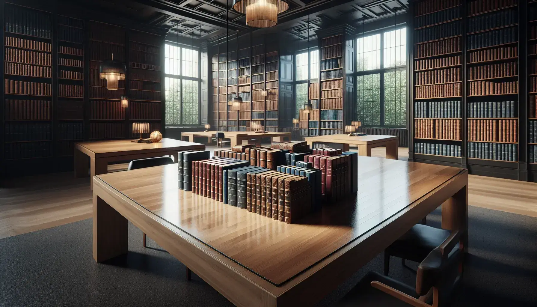 Biblioteca tranquilla con tavolo in legno e libri rilegati, scaffali pieni, lampade sospese, finestra sul giardino e persona che legge.
