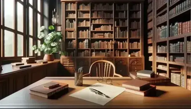 Biblioteca acogedora con estanterías de madera oscura llenas de libros, mesa con papeles y pluma, silla con cojín rojo y planta verde bajo ventana iluminada.