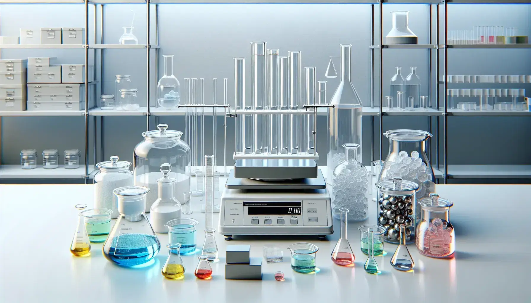 Mesa de laboratorio con probetas y vasos de precipitados con líquidos de colores, balanza analítica y pesas de calibración, sin textos visibles.