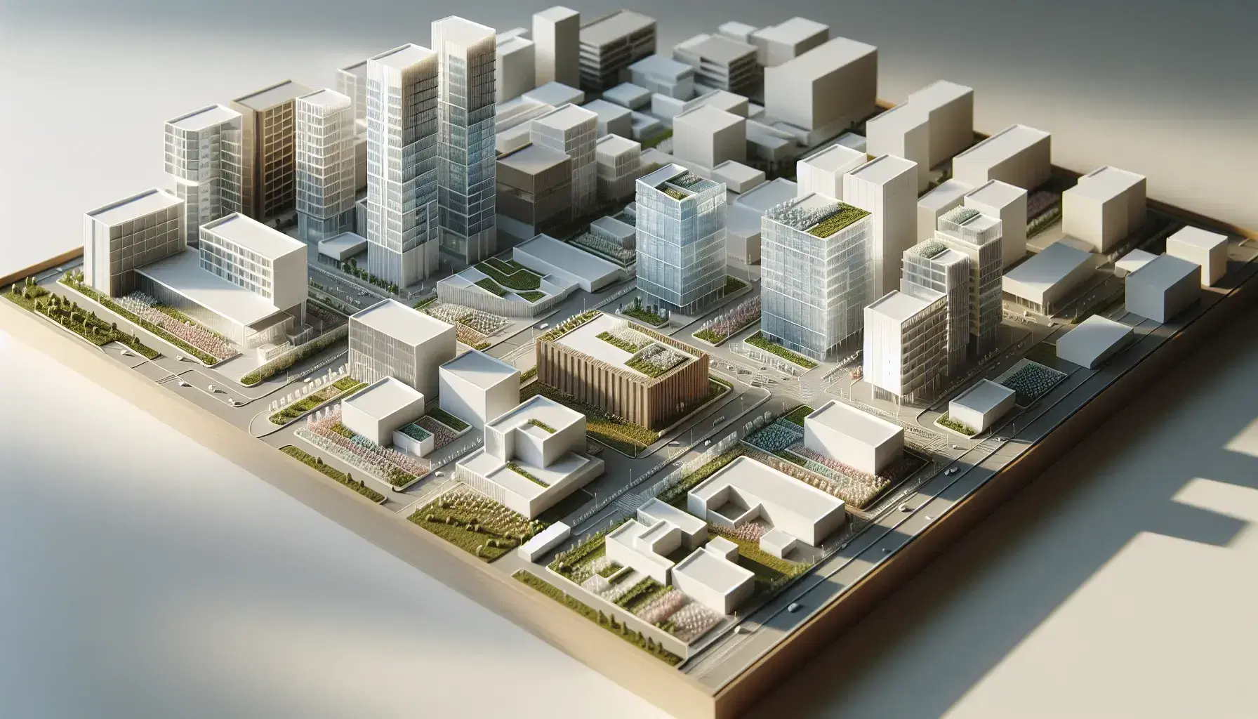 Maqueta arquitectónica de complejo moderno con edificios de distintas alturas y formas, áreas verdes simuladas y caminos en tonos grises y marrones, sobre superficie blanca.