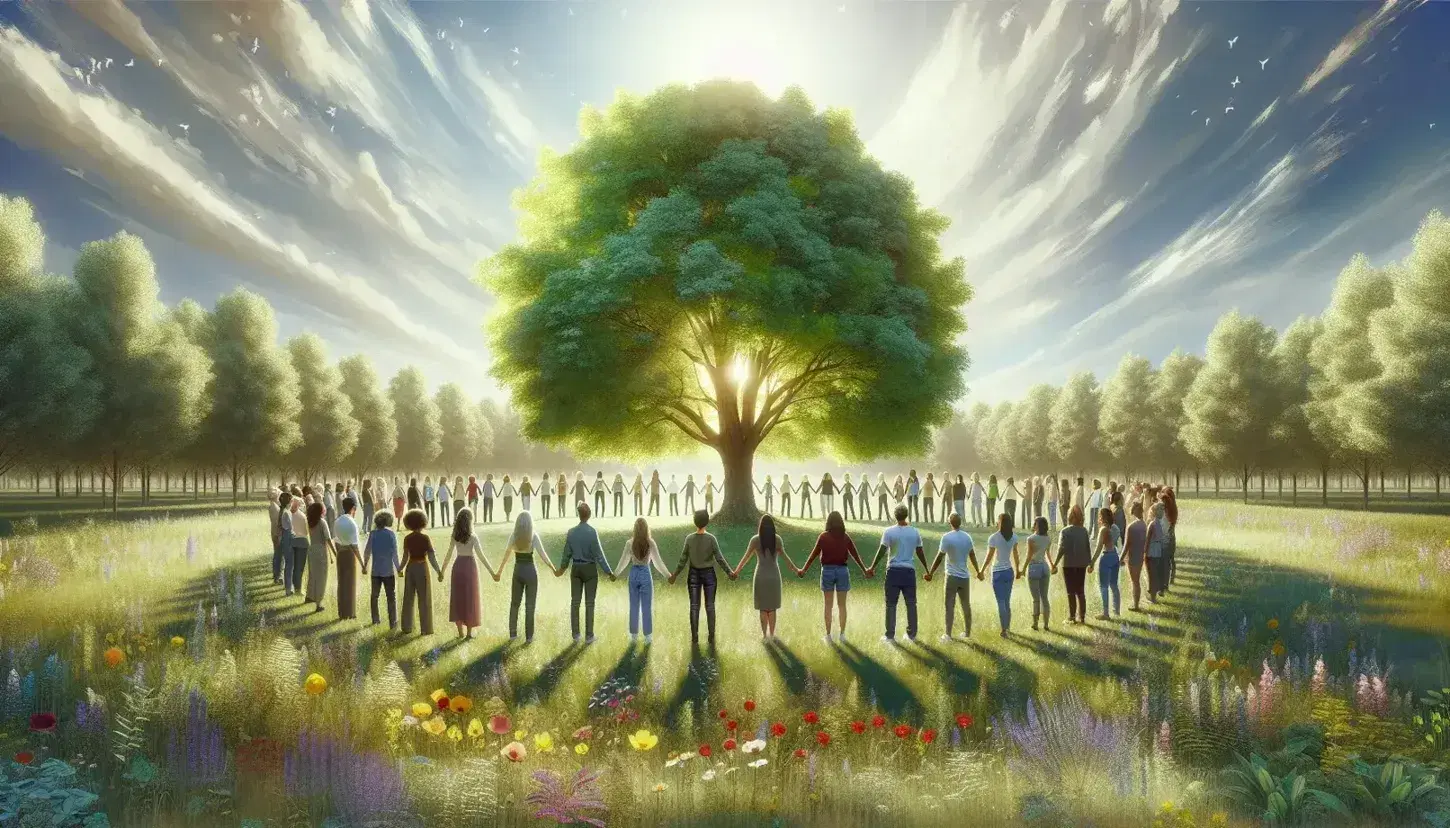 Grupo diverso de personas de distintas edades y orígenes tomados de las manos en círculo alrededor de un árbol frondoso en un parque, bajo un cielo despejado y rodeados de flores silvestres.