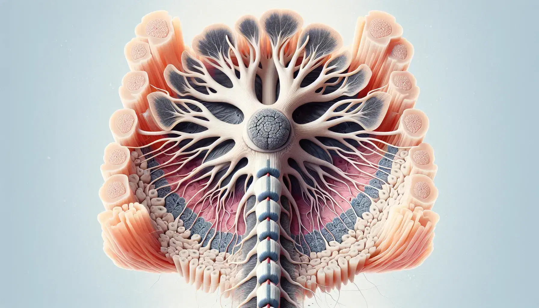 Sezione trasversale colorata di un nervo spinale umano con fibre nervose mielinizzate, tessuto connettivo rosa pallido e neurone con dendriti e assone.