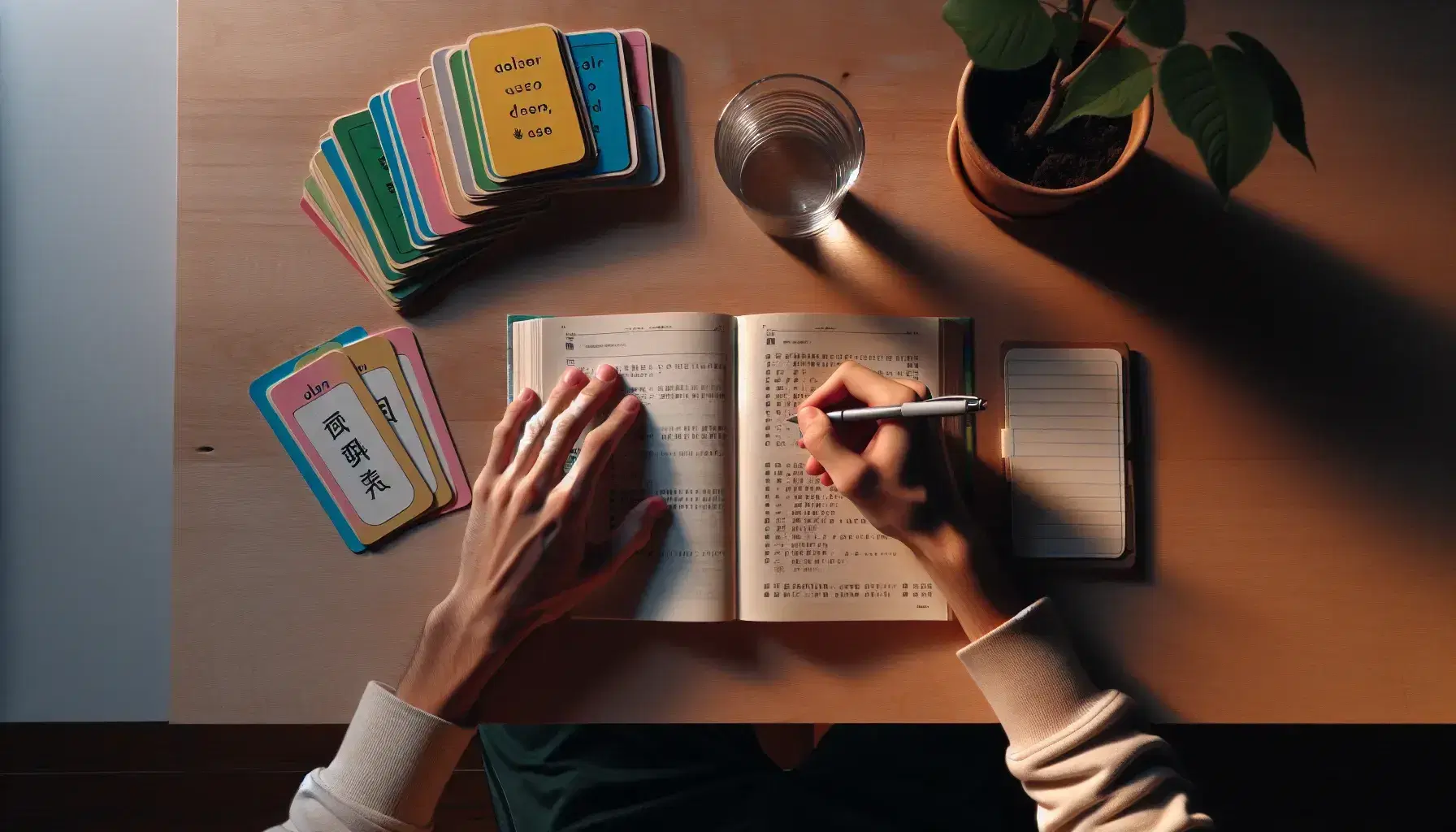 Person studying with textbook and colorful flashcards on a wooden desk, accompanied by a potted plant and a glass of water, from an overhead view.