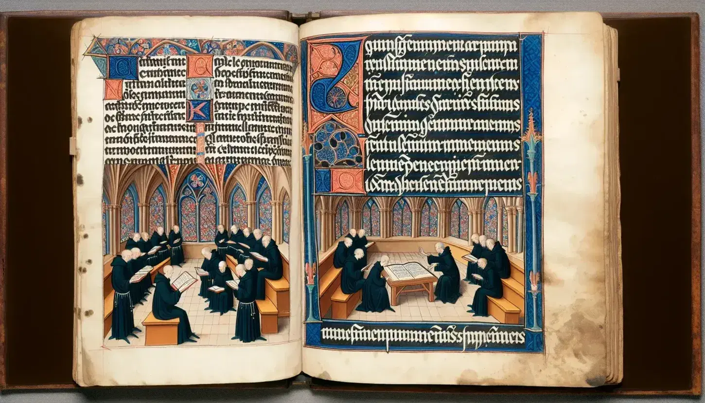 Manoscritto medievale con calligrafia gotica e miniatura di monaci benedettini che leggono e copiano testi in un'abbazia.