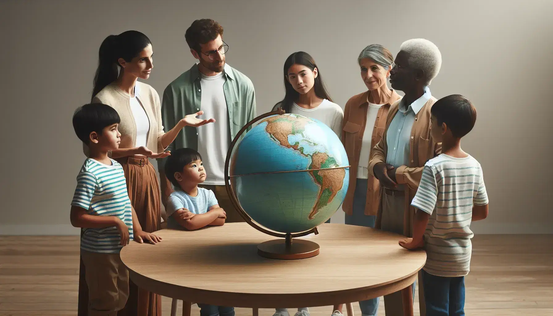 Grupo diverso de cinco personas alrededor de un globo terráqueo conversando activamente, reflejando intercambio multicultural y generacional.
