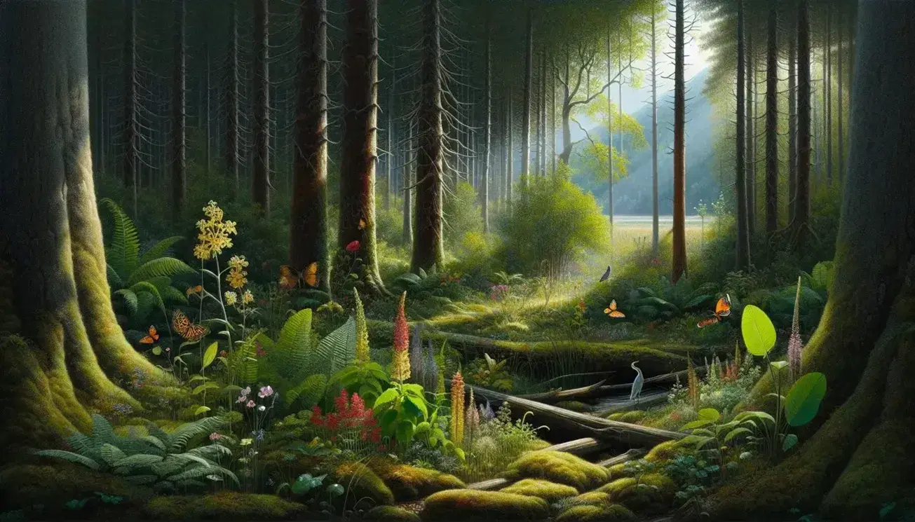 Bosque frondoso con claros iluminados por el sol, flores silvestres coloridas, árboles con musgo, herón junto a un cuerpo de agua y mariposas volando.