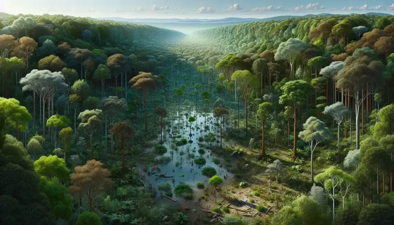 Bosque denso con árboles de distintos verdes, suelo con hojarasca, estanque reflejando el cielo, ciervos bebiendo agua y un investigador tomando notas.